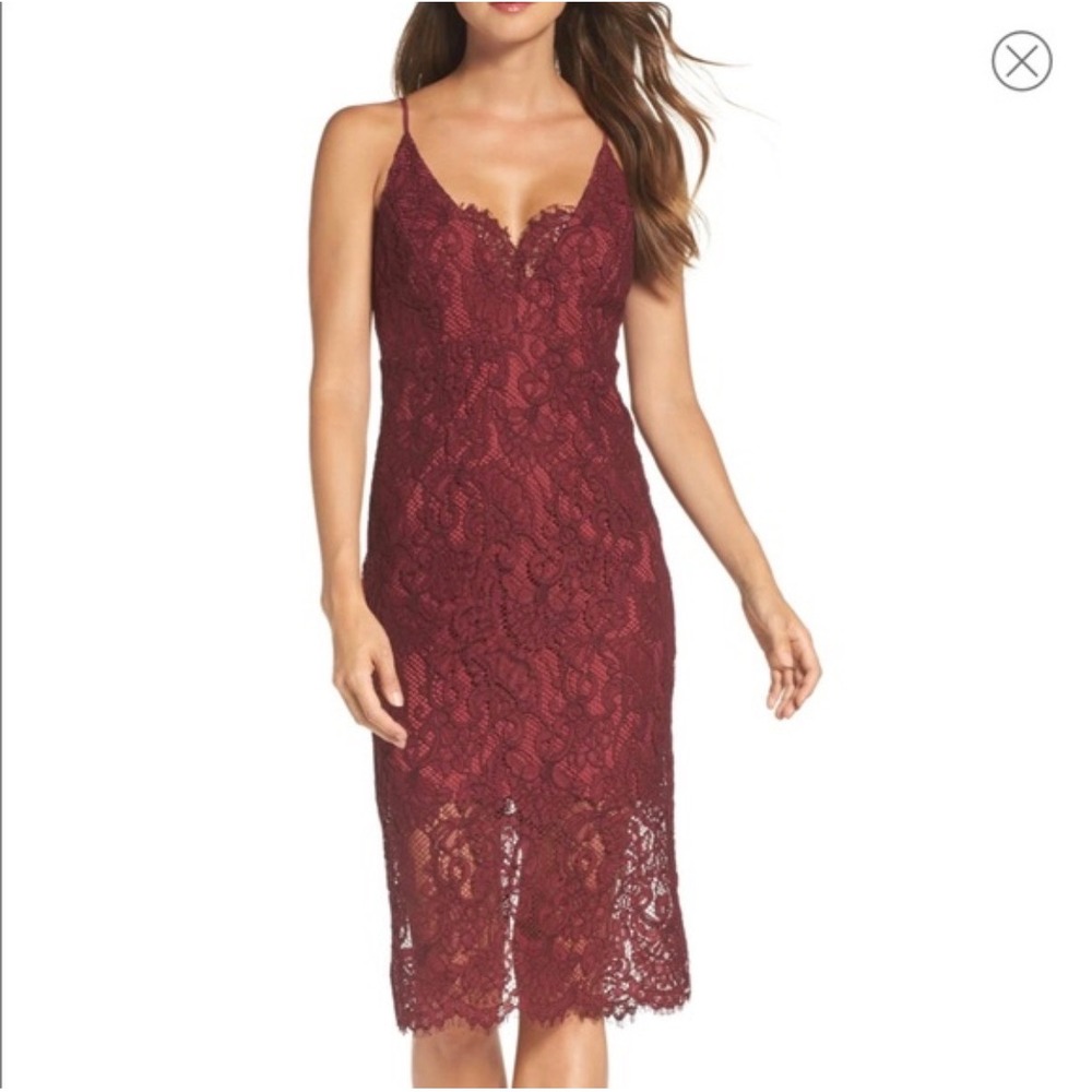 J8 Bardot Burgundy Lace Midi Sheath Dress V-Neck Eyelash Trim Maroon Size 6 US‎